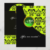 Invitation DAMAS NOIR ET JAUNE MONOGRAMME, vert émeraude (Devant / Derrière)