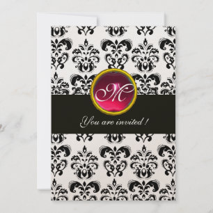 Invitation DAMAS NOIR ET OR AVEC MONOGRAMME, rubis rouge, fuc