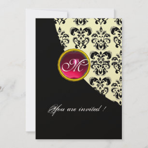 Invitation DAMAS NOIR ET OR MONOGRAMME, rubis rouge, fuchsia