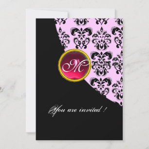 Invitation DAMAS NOIR ET ROSE MONOGRAMME, rubis rouge