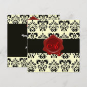 INVITATION DAMAS NOIR & OR, MONOGRAMME À SCEAU DE CIRE ROUGE (Devant / Derrière)