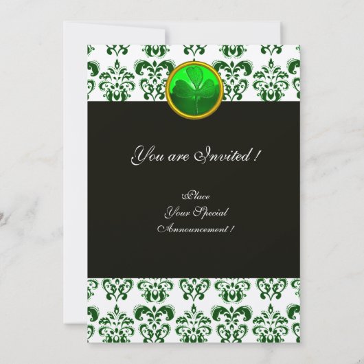 Invitation DAMAS OR ET VERT AVEC TRÈFLE ,Noir Blanc (Dos)