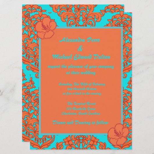Invitation Damas orange et turquoise (Devant / Derrière)