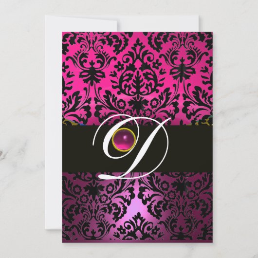 Invitation DAMAS POURPRE NOIR MONOGRAMME Améthyste Fuchsia (Devant)