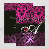 Invitation DAMAS POURPRE NOIR MONOGRAMME Améthyste Fuchsia (Devant / Derrière)