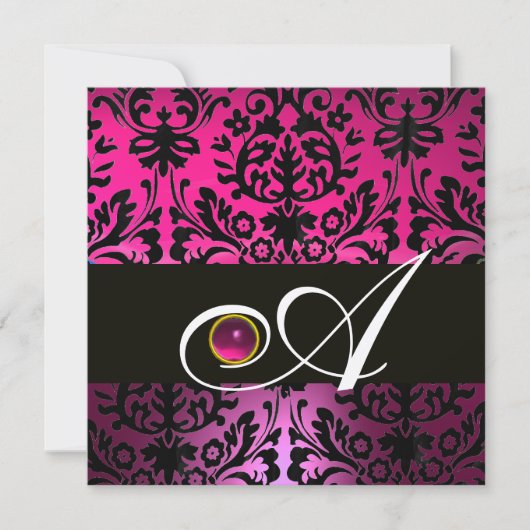 Invitation DAMAS POURPRE NOIR MONOGRAMME Améthyste Fuchsia (Devant)