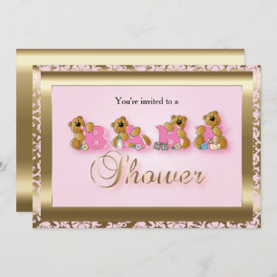 Invitation Damas rose et or avec Nounours   Baby shower