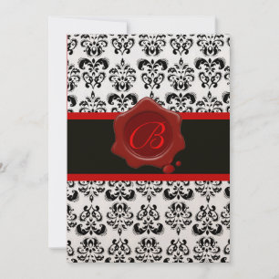 INVITATION DAMAS ROUGE, OR ET NOIR, MONOGRAMME AVEC SCEAU DE 
