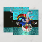 INVITATION DAMAS TURQUOISE , HIBOU JOYAU , CHAPEAU D'ELFES ,  (Devant / Derrière)