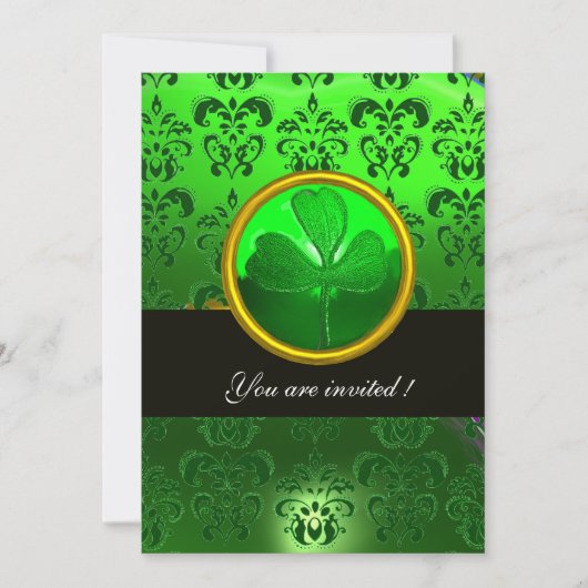 Invitation DAMAS VERT AVEC TRÈFLE À TROIS FEUILLES, noir (Devant)