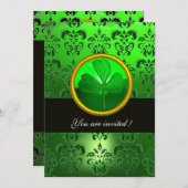 Invitation DAMAS VERT AVEC TRÈFLE, noir (Devant / Derrière)