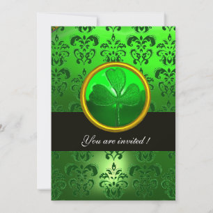 Invitation DAMAS VERT AVEC TRÈFLE ,noir