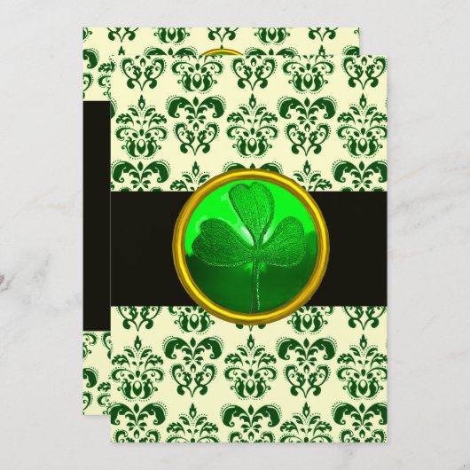 Invitation DAMAS VERT BLANC AVEC TRÈFLE Noir Argent (Devant / Derrière)