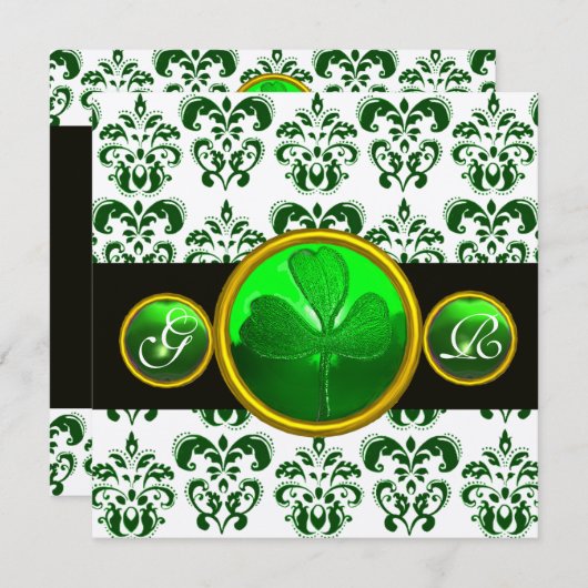 Invitation DAMAS VERT BLANC , Champagne MONOGRAMME TRÈFLE (Devant / Derrière)