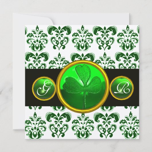 Invitation DAMAS VERT BLANC , MONOGRAMME TRÈFLE Champagne (Devant)