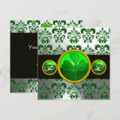 Invitation DAMAS VERT BLANC , MONOGRAMME TRÈFLE,Noir (Devant / Derrière)