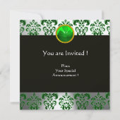 Invitation DAMAS VERT BLANC , MONOGRAMME TRÈFLE,Noir (Dos)
