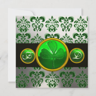 Invitation DAMAS VERT BLANC , MONOGRAMME TRÈFLE,Noir