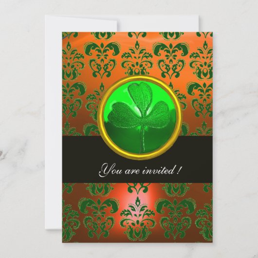 Invitation DAMAS VERT ORANGE AVEC TRÈFLE, noir (Devant)