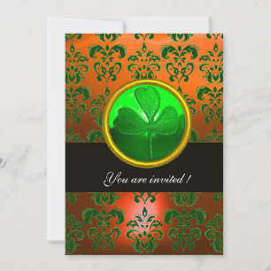 Invitation DAMAS VERT ORANGE AVEC TRÈFLE, noir
