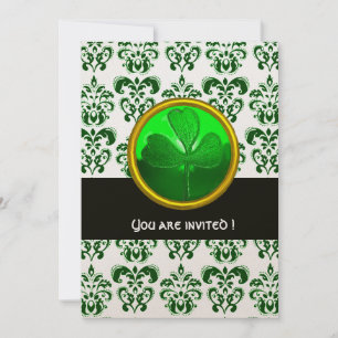 Invitation DAMAS VERT ORANGE AVEC TRÈFLE Noir Blanc
