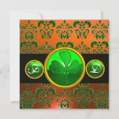 Invitation DAMAS VERT ORANGE , MONOGRAMME TRÈFLE noir (Devant)