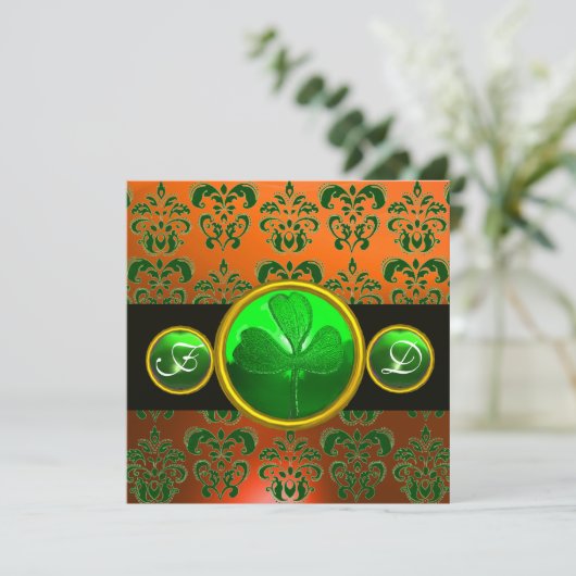Invitation DAMAS VERT ORANGE , MONOGRAMME TRÈFLE noir (Debout devant)