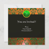 Invitation DAMAS VERT ORANGE , MONOGRAMME TRÈFLE noir (Dos)