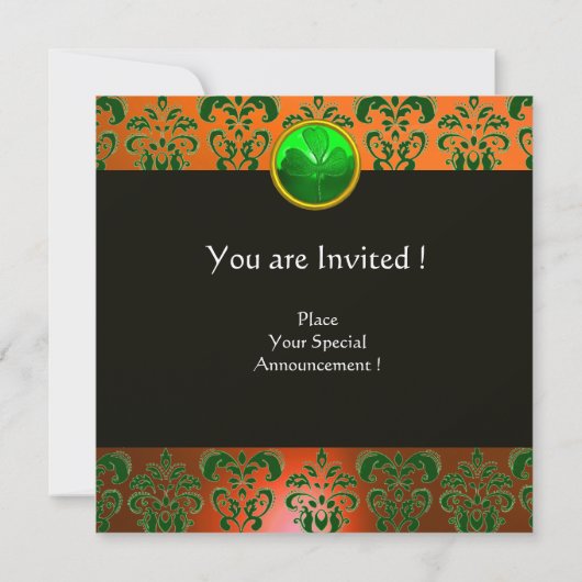 Invitation DAMAS VERT ORANGE , MONOGRAMME TRÈFLE noir (Dos)