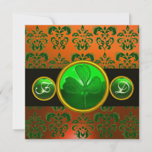 Invitation DAMAS VERT ORANGE , MONOGRAMME TRÈFLE noir
