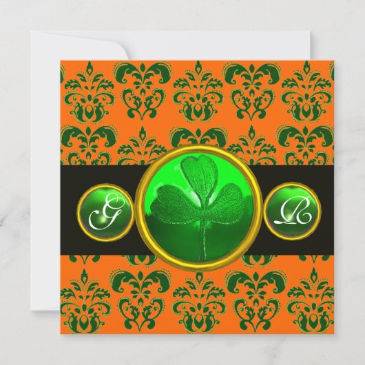 Invitation DAMAS VERT ORANGE , MONOGRAMME TRÈFLE noir (Devant)