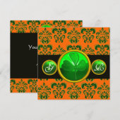 Invitation DAMAS VERT ORANGE , MONOGRAMME TRÈFLE noir (Devant / Derrière)