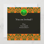 Invitation DAMAS VERT ORANGE , MONOGRAMME TRÈFLE noir (Dos)