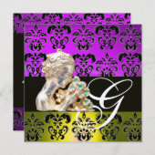 INVITATION DAMAS VIOLET, JAUNE, NOIR, BLANC MONOGRAMME DE JOA (Devant / Derrière)