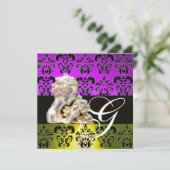 INVITATION DAMAS VIOLET, JAUNE, NOIR, BLANC MONOGRAMME DE JOA (Debout devant)