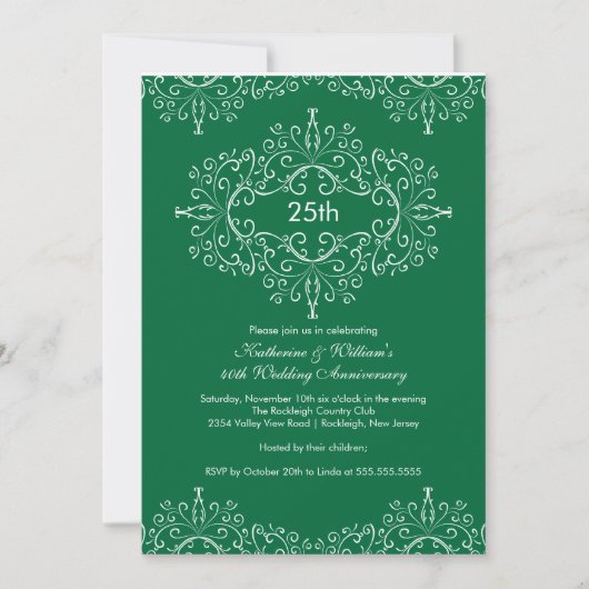 Invitation Damask 25e Anniversaire Vert Blanc (Devant)
