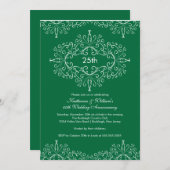 Invitation Damask 25e Anniversaire Vert Blanc (Devant / Derrière)