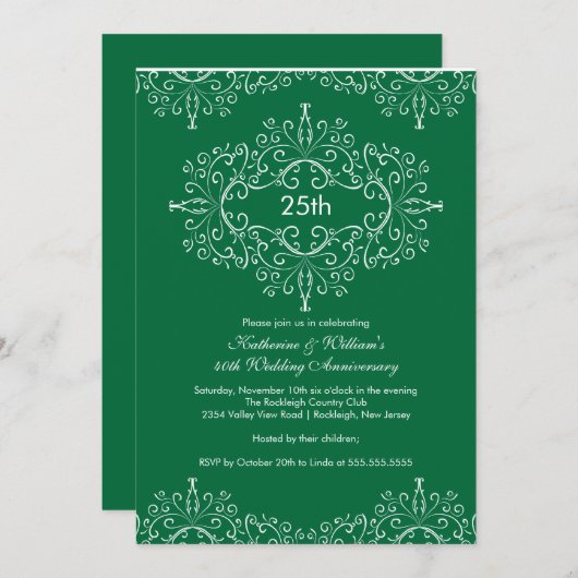 Invitation Damask 25e Anniversaire Vert Blanc (Devant / Derrière)