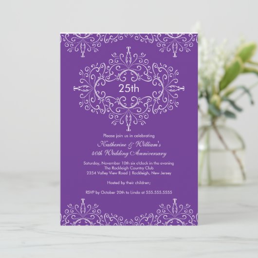Invitation Damask 25e Anniversaire Violet Blanc (Debout devant)