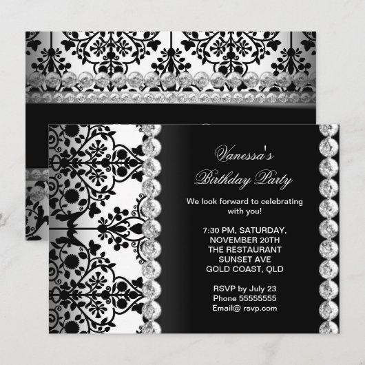 Invitation Damask Anniversaire Fête Argent Noir Blanc Floral (Devant / Derrière)