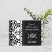 Invitation Damask Anniversaire Fête Argent Noir Blanc Floral (Debout devant)