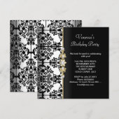 Invitation Damask Anniversaire Party Gold Black White Floral (Devant / Derrière)