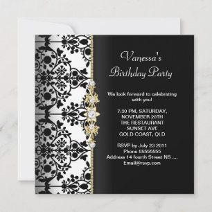 Invitation Damask Anniversaire Party Gold Black White Floral