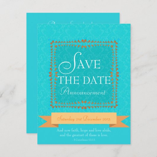 Invitation Damask Aqua Blue Romance Enregistrer la date Invit (Devant / Derrière)