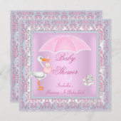 Invitation Damask Baby shower rose fille parapluie (Devant / Derrière)