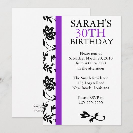 Invitation Damask Birthday (Devant / Derrière)