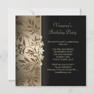 Invitation Damask Birthday Party Gold Black Floral Brown