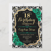 Invitation Damask Black Gold Green Roses 18e anniversaire (Devant)