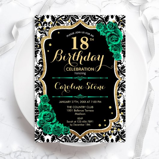 Invitation Damask Black Gold Green Roses 18e anniversaire