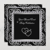 Invitation Damask Black Silver Diamonds Heart Party (Devant / Derrière)